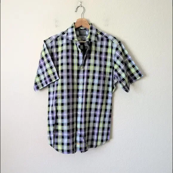 Thomas Dean Men's Short Sleeve Button-Down Shirt Medium Blue Green Collared - Picture 5 of 8